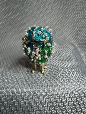 Enameled Faberge- Style “Lilies of the Valley” Pearl Egg Trinket Box